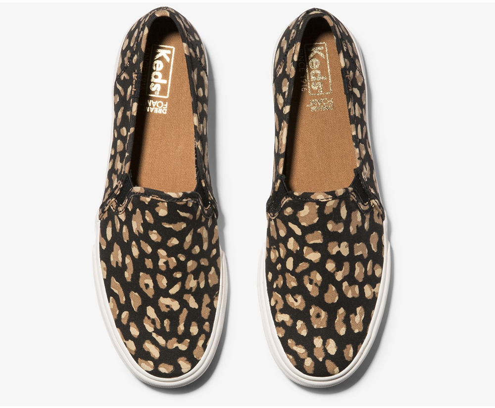 Keds Womens Slip Ons Black/Leopard - Washable Double Decker Animal - 912QMBXJO